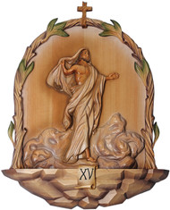 Baroque Style Resurrection Station K788-15   Intricately hand carved The hand carved olive branch design and rock path frames the station beautifully and reflects the baroque style. Carved in olive wood. Measurements: 26”H. x 20.5”W. Imported from Europe.