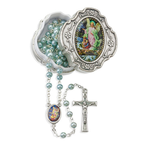 4mm Light Blue Beads Guardian Angel Rosary in a Metal Box.