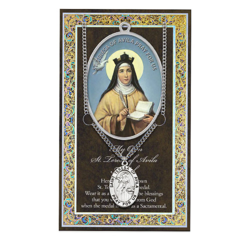 St Teresa of Avila is named the Doctor of the Church. She  is the patron saint of Florists. Set includes a 3" X 5" vinyl folder with removable oxidized medal.  1.125" Genuine Pewter Saint Medal won a Stainless Steel Chain. Silver Embossed Pamphlet with Patron Saint Information and Prayer Included. Biography/History of the Saint and gives the Patron's attributes, Feast Day and Appropriate Prayer. (3.25"x 5.5")