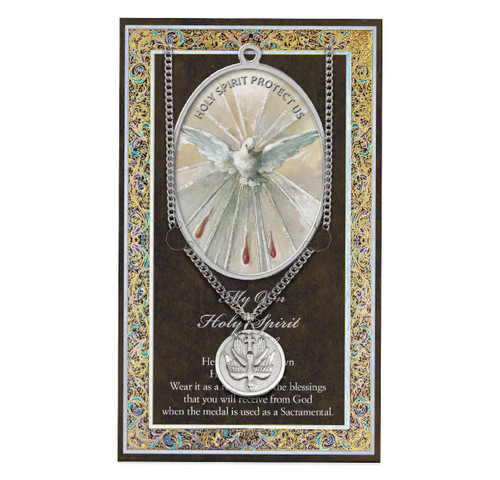 The Holy Spirit pewter medal and prayer card. 3" X 5" vinyl folder with removable oxidized medal.  1.125" Genuine Pewter Saint Medal won a Stainless Steel Chain. Silver Embossed Pamphlet with  Information and Prayer Included.  (3.25"x 5.5")

 