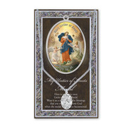 Set includes 3" X 5" vinyl folder with removable oxidized medal.  1.125" Genuine Pewter Saint Medal won a Stainless Steel Chain. Silver Embossed Pamphlet with Patron Saint Information and Prayer Included. Biography/History of the Saint and gives the Patron's attributes, Feast Day and Appropriate Prayer. (3.25"x 5.5")