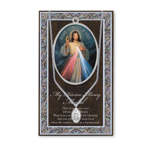 Set includes 3" X 5" vinyl folder with removable oxidized medal.  1.125" Genuine Pewter Saint Medal won a Stainless Steel Chain. Silver Embossed Pamphlet with the devotion Information and Prayer Included. Biography/History of the devotion and gives  Feast Day and Appropriate Prayer. (3.25"x 5.5")