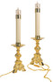 24k gold plated. 10-3/4”H., 6-1/4” base. Electrified. 1-3/4” x 12” candle with flicker bulb. (Priced per One Candle)