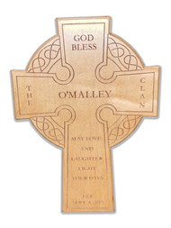 Personalized Baltic Birch Wood Celtic Cross.  Celtic wood cross can be personalized with your Family Name, Date of Establishment, and a choice of two sayings. "Cead Mile Failt" or "May Love and Laughter Light Your Days." The Wooden Celtic Cross measures 7.5" W x 11"H x .5"D. Brass hanger included for easy hanging!