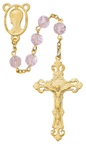 7 Millimeter Pink Crystal Beads Rosary with gold plated  pewter Crucifix and Center. Rosary presents in a  deluxe gift box.  Made in the USA.