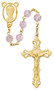 7 Millimeter Pink Crystal Beads Rosary with gold plated  pewter Crucifix and Center. Rosary presents in a  deluxe gift box.  Made in the USA.