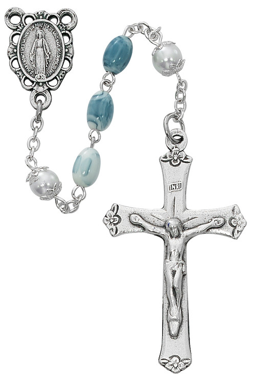 Oval Blue Swirl Beads Rosary with silver oxidized Crucifix and Center. Rosary presents in a  deluxe gift box.  Made in the USA.