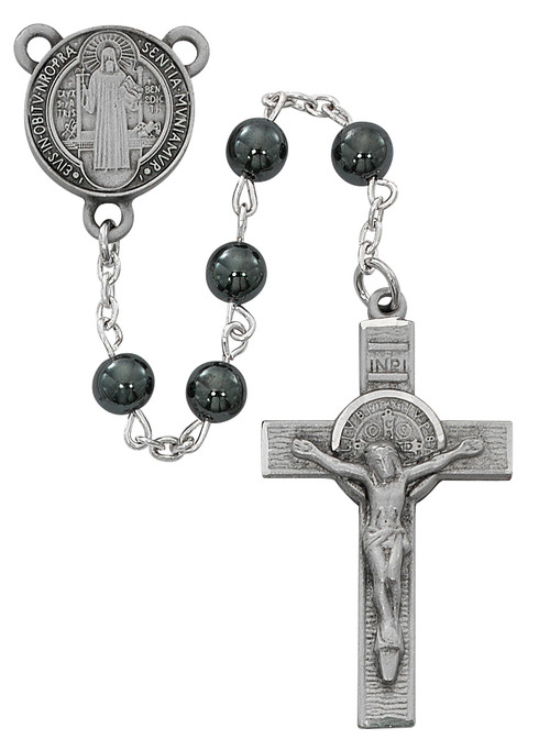 6mm Hematite Beads Rosary with silver oxidized Crucifix and St Benedict Center. Rosary presents in a deluxe gift box.  Made in the USA.
