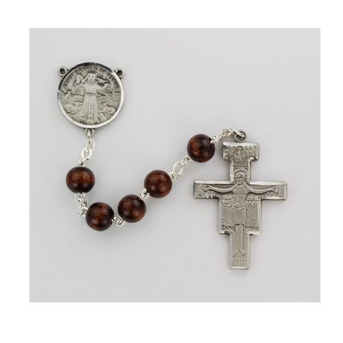 Brown Beads Rosary with pewter San Damiano Crucifix and St Francis Center. Rosary presents in a deluxe gift box.  Made in the USA.