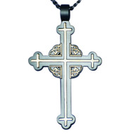 3" two toned raised polished gold interior pectoral cross with frosted nickel recessed area with a crown of thorns at the cross's center. Packaged in a white cotton filled box. 
