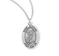 St. Michael Oval .925 Sterling Silver Medal. St Michael Sterling Silver  Medal comes on an18" genuine rhodium plated endless curb chain.  Medal comes in a deluxe velour gift box. Dimensions:  0.6" x 0.4" (15mm x 19mm).  Weight of medal: 0.7 Grams.  Engraving Available. Made in the USA!