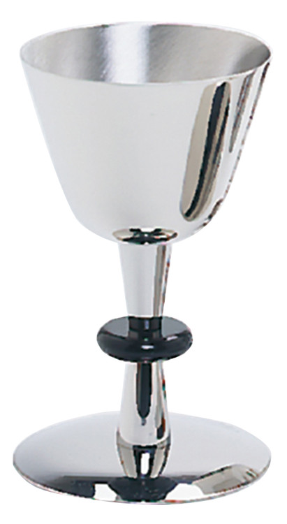 Stainless steel chalice with a black delrin node. 6-1⁄4˝H., 3-3⁄4˝ dia. cup, 8 oz. cap. Inside of cup polished bright for an additional price.