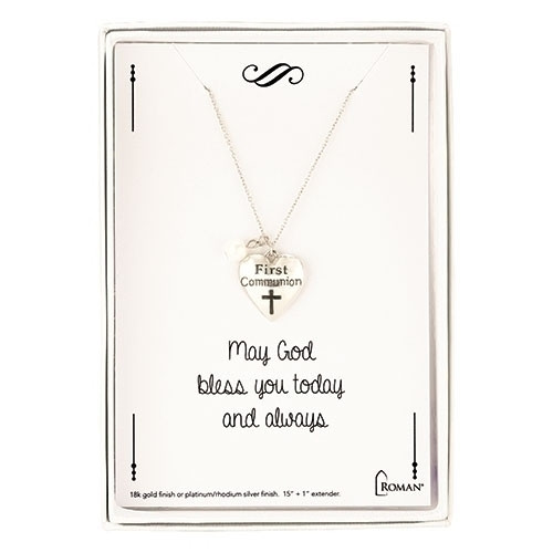 15"L Silver or Gold Communion Necklace with silver heart charm and single pearl. Necklace has a 1" extender. Heart charm has a cross with the words First Communion.