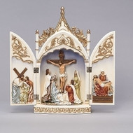 14" Crucifixion Triptych. Beautiful table top reminder of what Easter is really all about. Made of a resin/stone mix