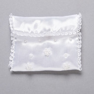 2.5"H Beaded Rosary Bag for Communion. Made of polyester/plastic. Measurements: 2.5"H 3"W 0.5"D