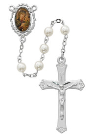 6mm glass pearl beads with rhodium plated pewter our Lady of Perpetual Help Center and 2.5" Crucifix.  20" in Length. Deluxe Gift Box Included. Made in the USA