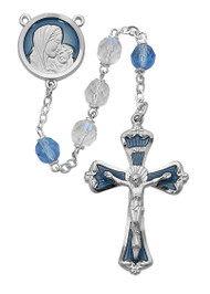 7mm Light Blue Beads with Enameled Rhodium Center and Crucifix.  20" in Length. Deluxe Gift Box Included. Made in the USA