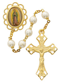 7mm Pearl Beads with Gold Plated Pewter Crucifix and Center.  19" in Length. Deluxe Gift Box Included. Made in the USA