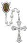 6mm Pearlized Glass Beads with Rhodium Plated Pewter Crucifix and Our Lady of Guadalupe Decal Center.  18" in Length. Deluxe Gift Box Included. Made in the USA