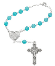 This auto rosary measures 7 1/4" long. Aqua beads Fatima Auto Rosary. Comes with a clasp for easy hanging. 