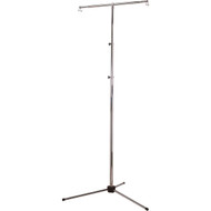 Metal stand, chrome-plated with weighted base. Telescoping shaft, adjustable in height, extends 60" to 93" with hook on front and back, so two banners can be hung at the same time. 