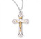 1 1/8" Women's sterling silver swirl tipped tu-toned crucifix on an 18" rhodium plated chain in a deluxe velour gift box.  Dimensions: 1.1" x 0.7" (29mm x 18mm). Weight of medal: 1.3 Grams. Made in USA.