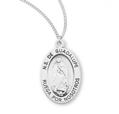Sterling Silver Our Lady of Guadalupe Spanish Medal on an 18" rhodium plated chain in a deluxe velour gift box. Weight of medal: 1.8 Grams.