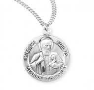 Round Sterling Silver St. Jude medal/pendant comes on a 20" genuine rhodium plated curb chain. A deluxe velour gift box is included.  Dimensions: 0.9" x 0.7" (22mm x 18mm). Weight of medal: 3.4 Grams. Engraving Available

