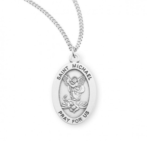 This St. Michael Sterling silver oval medal comes with a 20" genuine rhodium plated curb chain. Medal comes in a deluxe velour gift box. Engraving option available. Made in the USA. Saint Michael the Archangel is the Patron Saint of Police, Law Enforcement.
Dimensions: 0.8" x 0.5" (22mm x 14mm)
Weight of medal: 2.0 Grams.
 