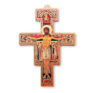 5" San Damiano Cross Gold Leaf Stamped. Featuring Franciscan Images and Blessing. Made in Italy. 