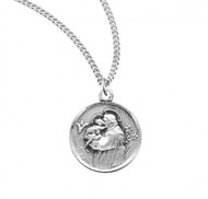 Saint Anthony Round Sterling Silver Medal. Solid .925 sterling silver. Saint Anthony is the Patron Saint of the elderly, the poor, lost articles, and amputees.  Dimensions: 0.6" x 0.5" (15mm x 13mm). Weight of medal: 1.4 Grams.  18" Genuine rhodium plated curb chain. Made in USA. Deluxe velvet gift box.