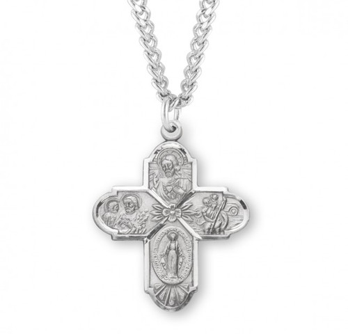 Sterling Silver 4-Way Medal Made in the USA. The heart shaped medal is adorned with St. Christopher, St. Joseph, Sacred Heart of Jesus, a Miraculous Medal and IHS. Dimensions: 1.1" x 0.9" (28mm x 22mm). Weight of medal: 5.8 Grams. 24" Genuine rhodium plated endless curb chain is included with a deluxe velour gift Box. Made in the USA