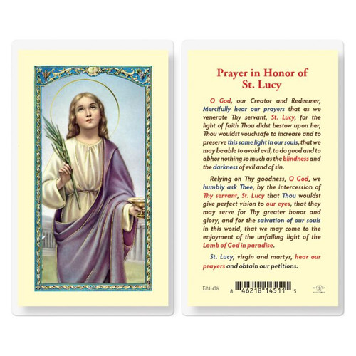 Saint Lucy laminated Holy Card.
Artwork by Fratelli Bonella.
Prayer in honor of Saint Lucy on the back.
Card size: 2.5" x 4.5" (64mm x 114mm) 2-1/2" x 4-1/2".
Made in Italy
'
