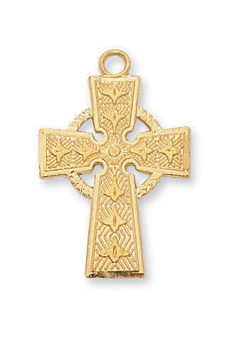 1"L Gold over Sterling Silver Celtic Cross. Celtic Cross Pendant comes on an 18" Gold Plated Chain. Deluxe Gift Box Included. Made in the USA
