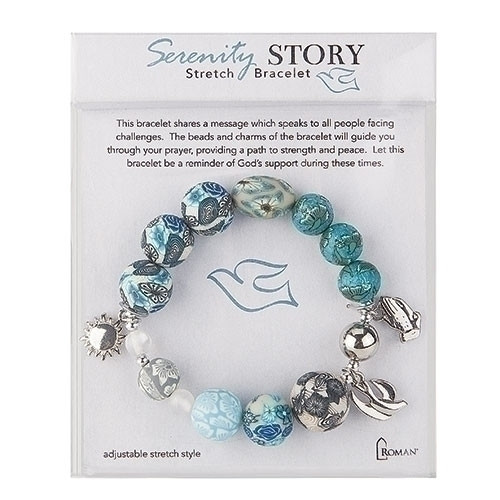 Serenity Clay Story Bracelet is made of claydough. The Serenity Clay Story  bracelet is stretchable and measures 7.5". This bracelet shares a message which speaks to all people facing challenges. The beads and charms of the bracelet will guide you through your prayer, providing a path to strength and peace. Let this bracelet be a reminder of God's support during these times. 