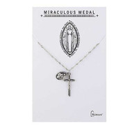 Miraculous Medal and Crucifix on an 18" chain with 2" extender. Miraculous Medal and Crucifix necklace is made of zinc alloy and is lead free. 