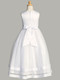back of girls satin and tulle First Communion dress with pearl neckline featuring a white bow 
