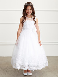 Lace Communion Dress with Embroidered Skirt. Dress is sleeveless with an Illusion Neckline.
3 dress limit only per order