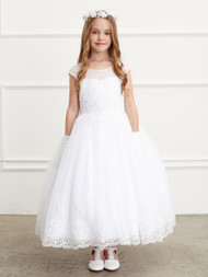 All-white girls lace communion dress with capped sleeves and an illusion neckline

 