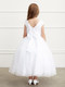 Back of girls lace communion dress featuring a white bow
 