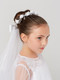 Girl's First Communion Floral Bun Crown with Veil. Features Satin Flowers with a Rhinestone Center