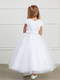 This gorgeous communion dress has a 3D flowered neckline with appliques on the skirt. Capped sleeves. Zipper closure. 
Three Dress Limit per order!