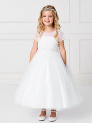 Girls Mesh Cap Sleeved Illusion Neckline Dress with Gorgeous Lace Applique. The Back of the Dress has Bridal Buttons and a Sash Tie Back
Three Dress Limit per order!