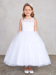 Elegant Communion Dress with a sleeveless iIlusion neckline. Dress has beautiful lace appliques. The dress has a lace applique peplum skirt.
30 Day Return Police Internet ONLY!
3 Dress Limit per Order!