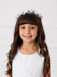 Girl's First Communion Headpiece-Pearls, Beads and Large Satin Flowers adorn this crown with satin bow and ribbons in back 
