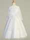 girls three-quarter length sleeve lace and tulle white communion dress with a tulle bow 

