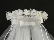 24" Veil with Organza Flowers, Rhinestones & Pearls on Crown 
Satin Bow at the back