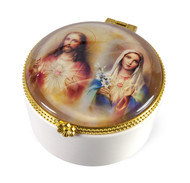 Ceramic Rosary/Keepsake Box.  Rosary or Keepsake Box depicts the image of Sacred Heart of Jesus and IHM. The ceramic rosary keepsake box measures: 2.25"H x  2.25"W.