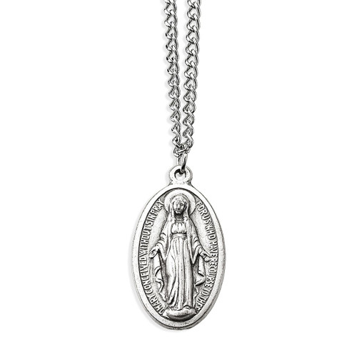 1.5" Antique Silver Miraculous Medal with 24" Chain. Boxed