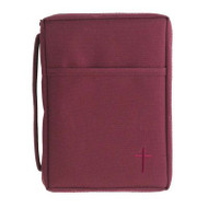  Large Burgundy Canvas Bible Cover. Bible cover has a front pocket, a cross zipper pull. A cross is situated on the bottom right corner of the bible cover. Bible comes with a corrugated box insert. Holds a Bible or book up to 6 1/2W x 9 1/4H x 1 3/4D.